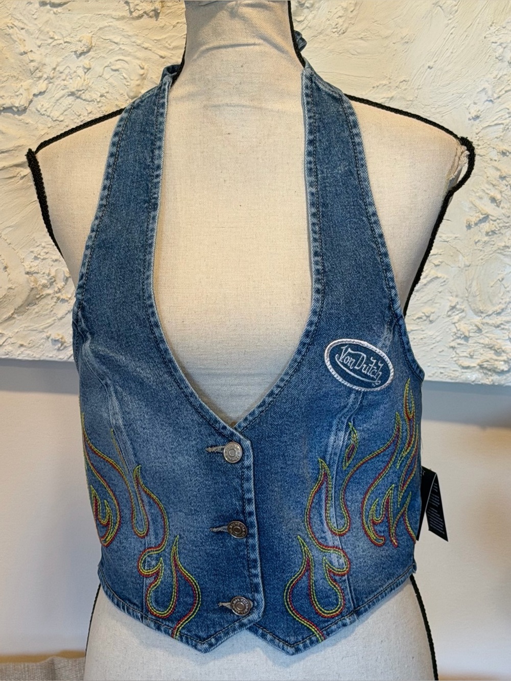 Von Dutch Denim Flame Embroidered Halter Vest Top Blue Sz M NWT